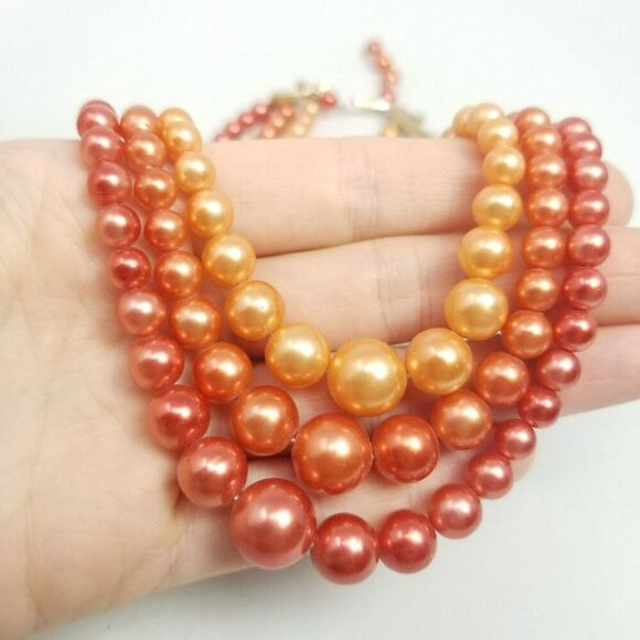 Vintage Orange Ombre Three Strand Beaded Necklace, Adjustable Hook Clasp, Japan - Picture 7 of 7